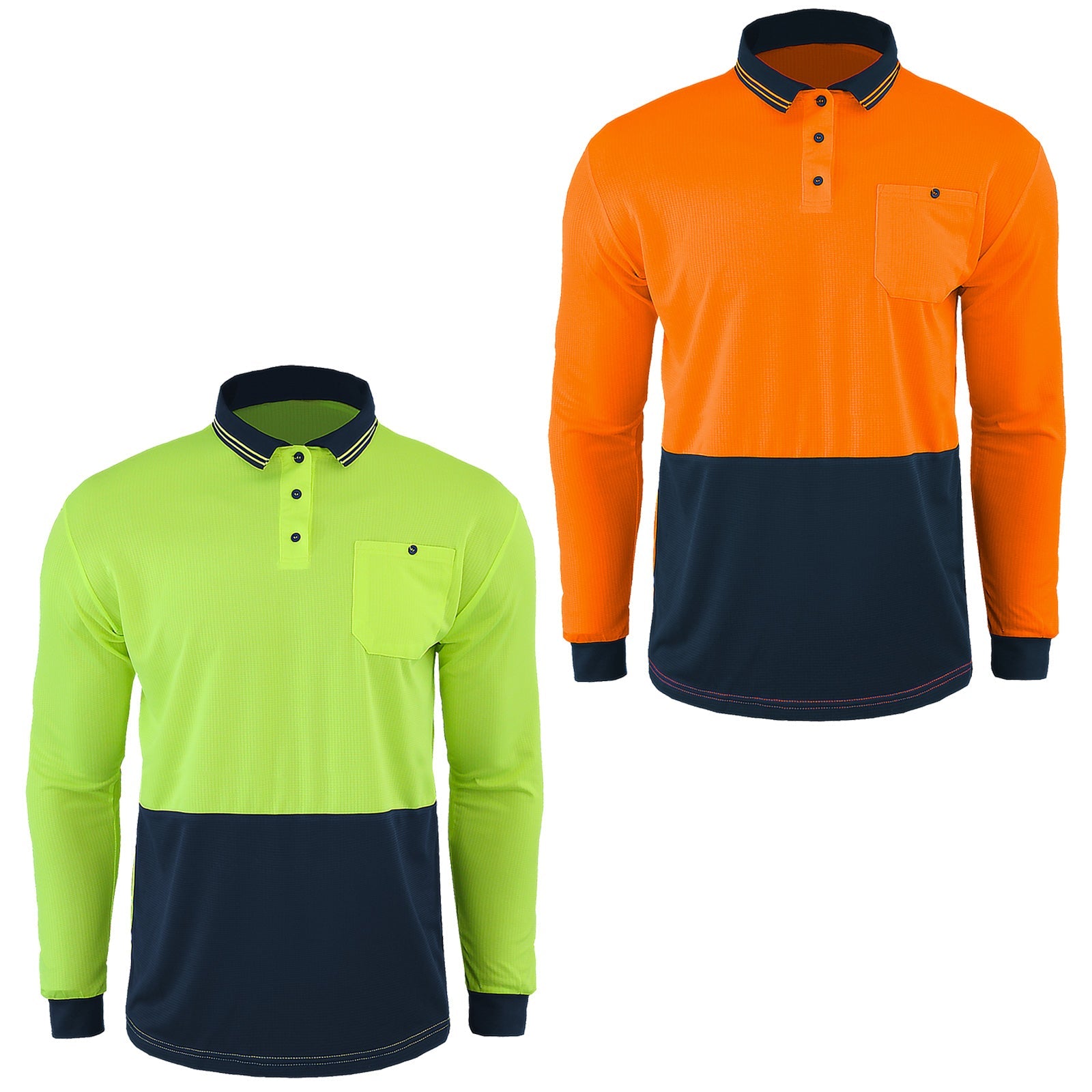 "Custom Hi Vis Long Sleeve Polo – Orange/Navy & Yellow/Navy Logo Printing | NS Promo - NS PROMO"