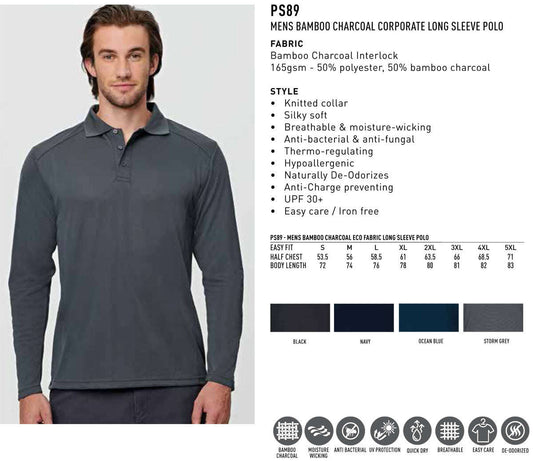 "Mens Bamboo Polo Shirt Long Sleeve Corporate Charcoal - NS PROMO"