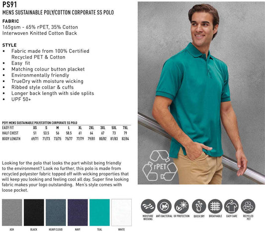"Mens Cotton Corporate Polo Shirt Short Sleeve Sustainable Poly - NS PROMO"