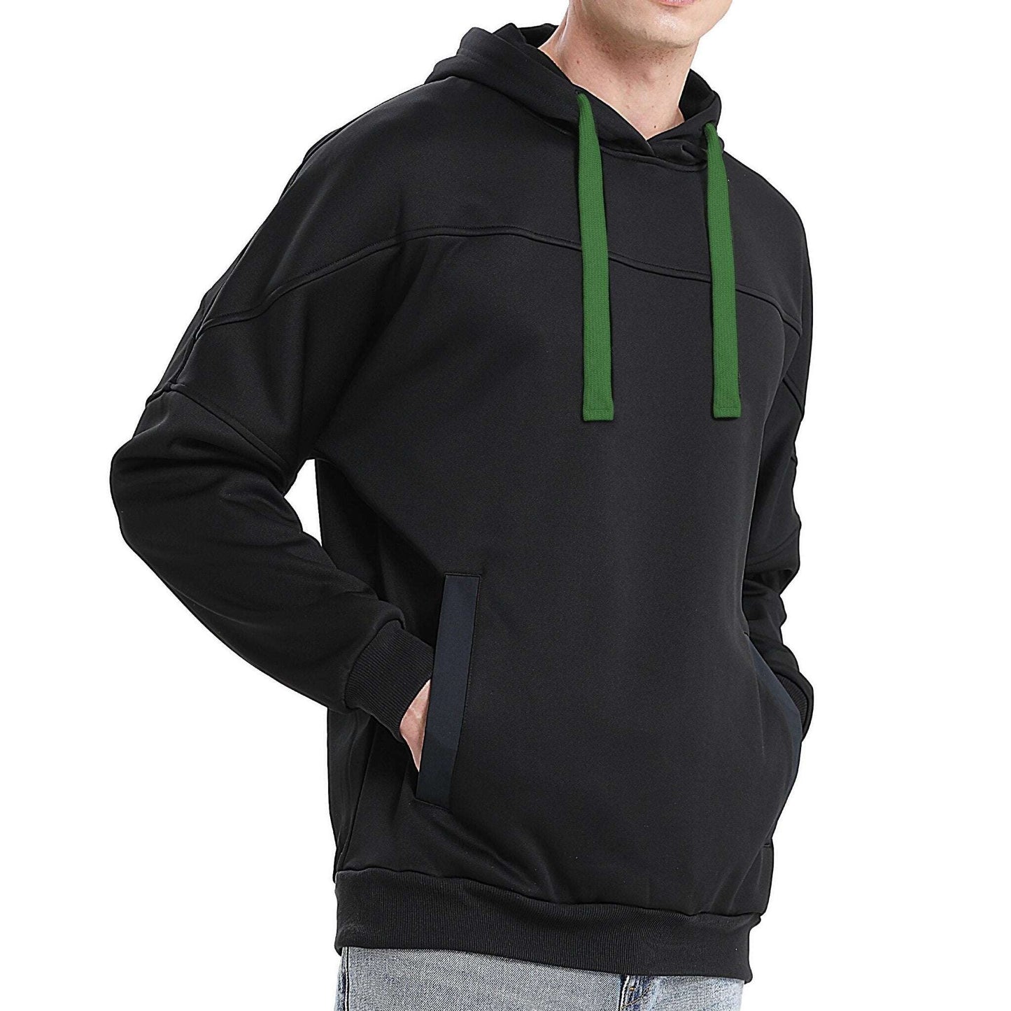 Drawstring Hoodie Jumper Fleece Sweatshirts Plain Black with Contrast drawstring - Big Bee