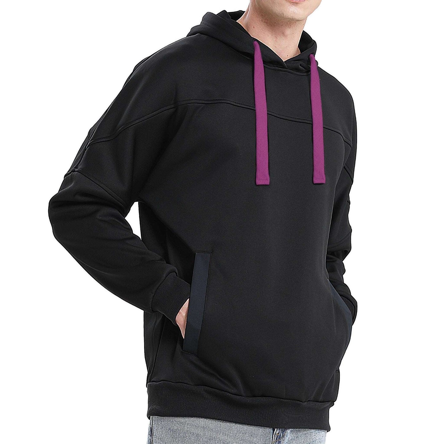 Drawstring Hoodie Jumper Fleece Sweatshirts Plain Black with Contrast drawstring - Big Bee
