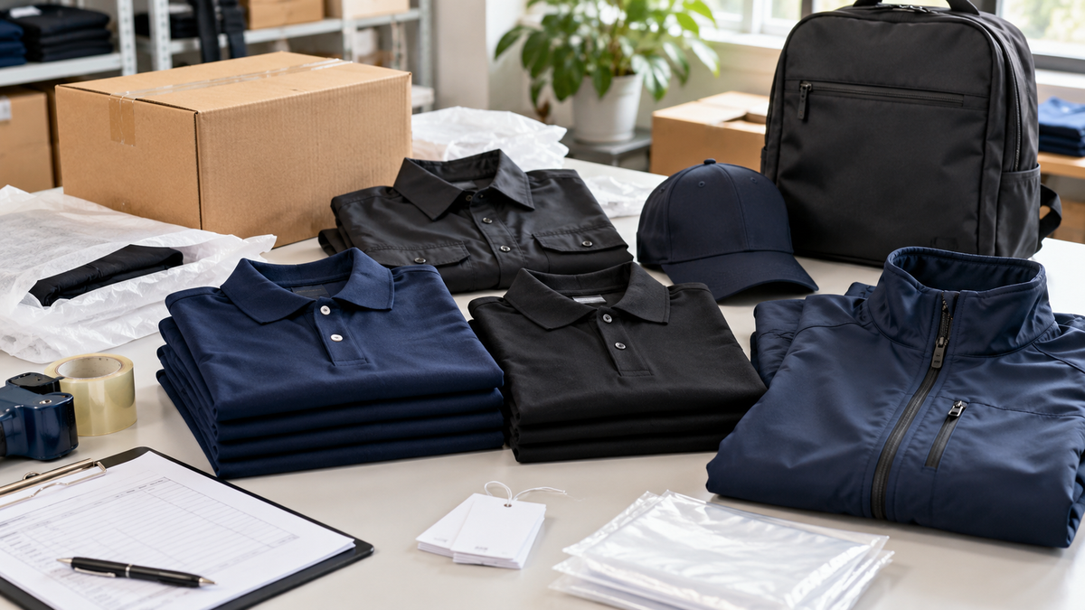 New starter uniform pack with polos, work shirt, jacket, cap and backpack ready for staff