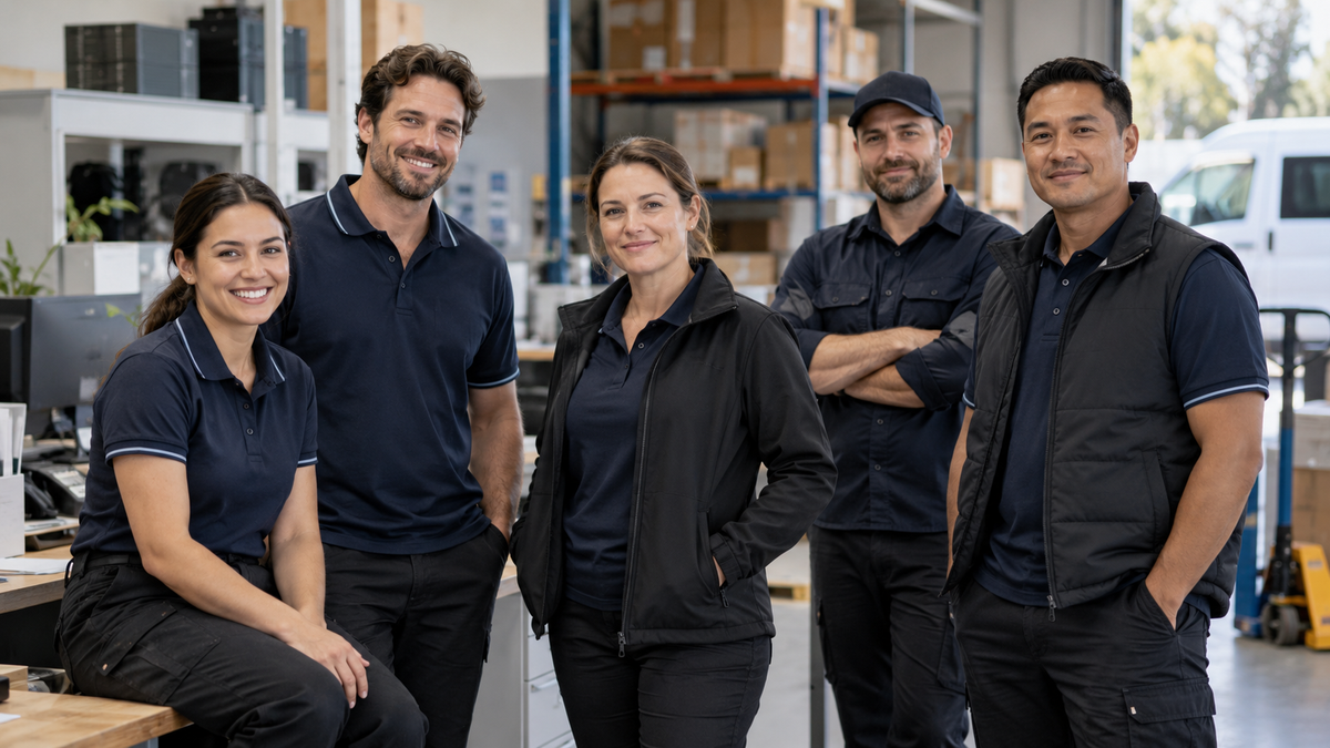 Staff team wearing coordinated navy and black business uniforms in a warehouse office