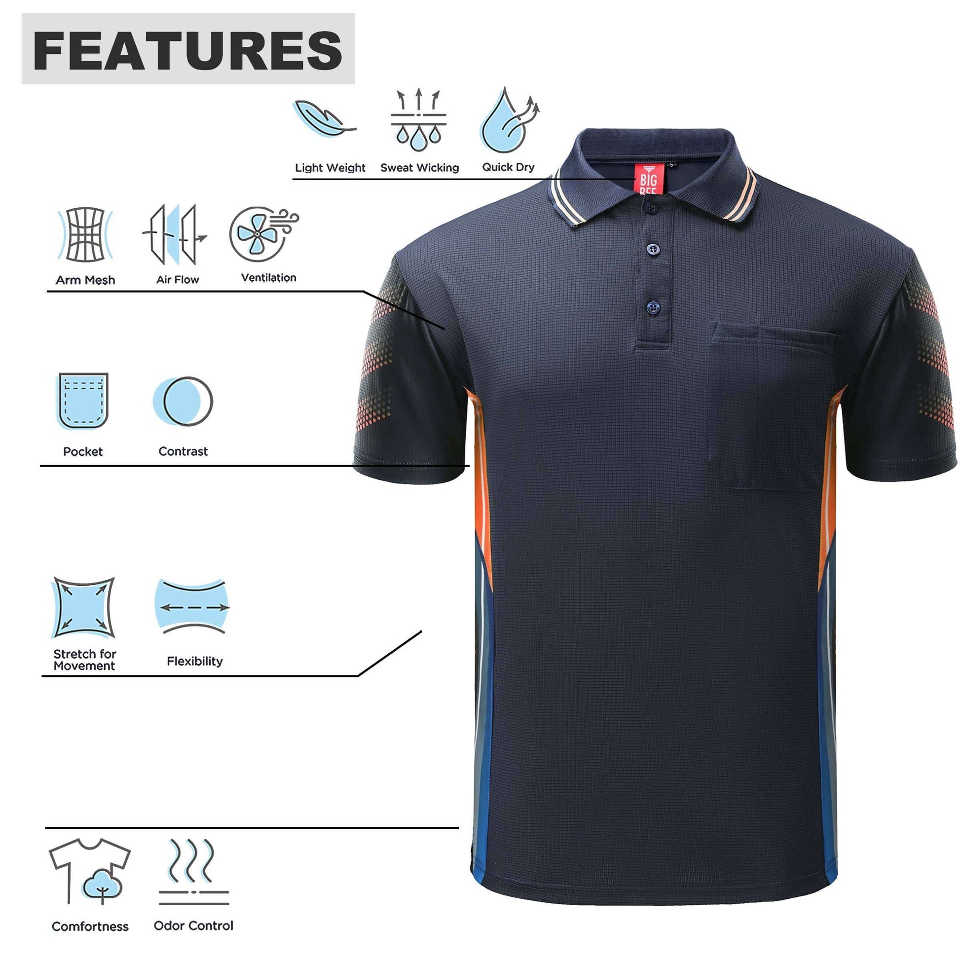 Big Bee Tech-Vent Mens Polo Shirts, Short Sleeve - Big Bee