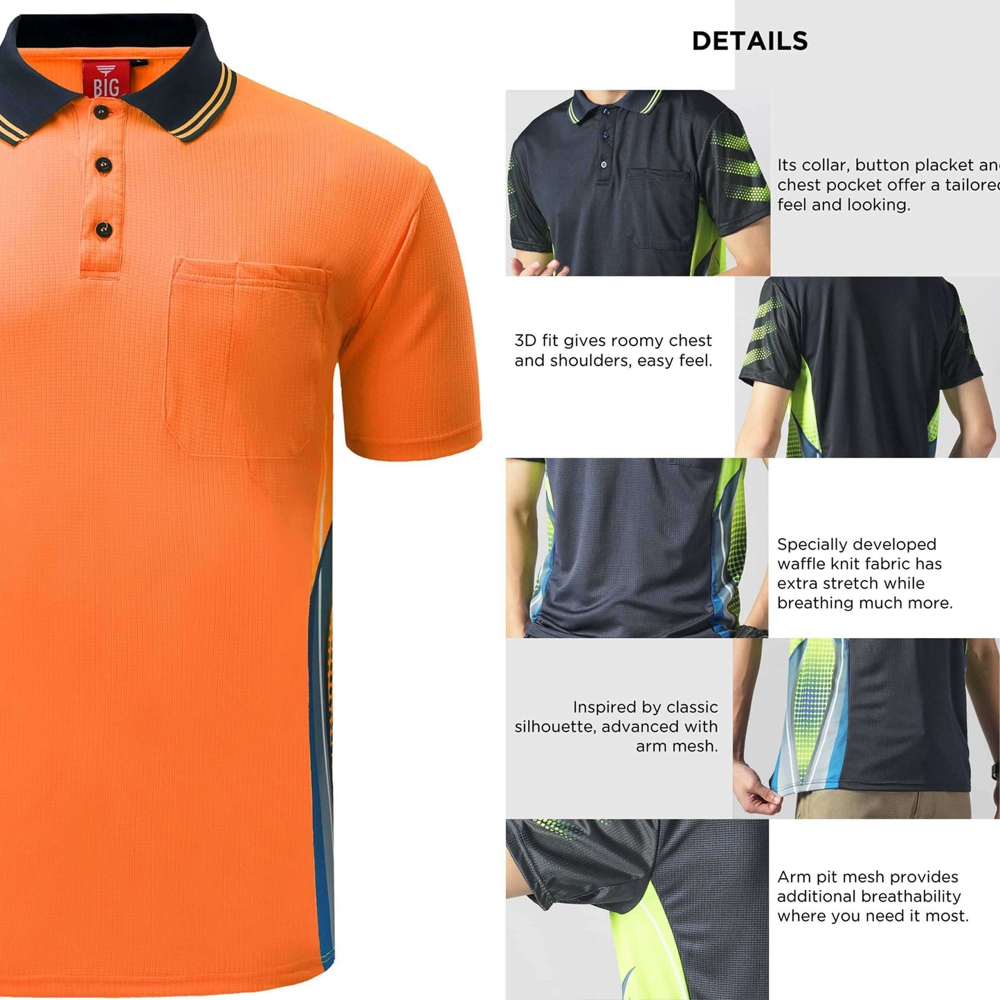 Big Bee Mens Hi Vis Polo Shirts, Tech-Vent - Big Bee
