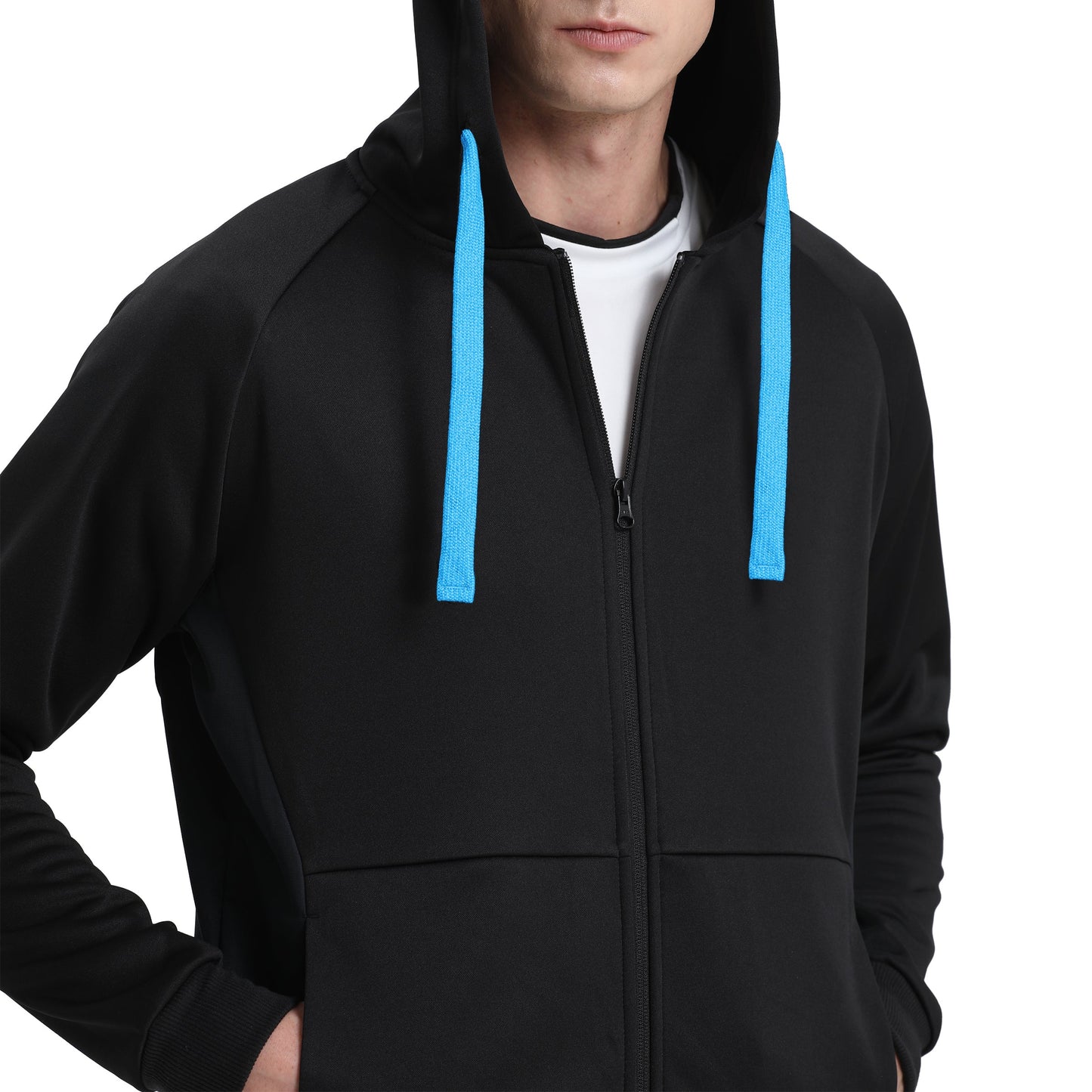 "Assorted zip hoodie in Black Blue model posed for custom logo printing – NS Promo sports uniform"