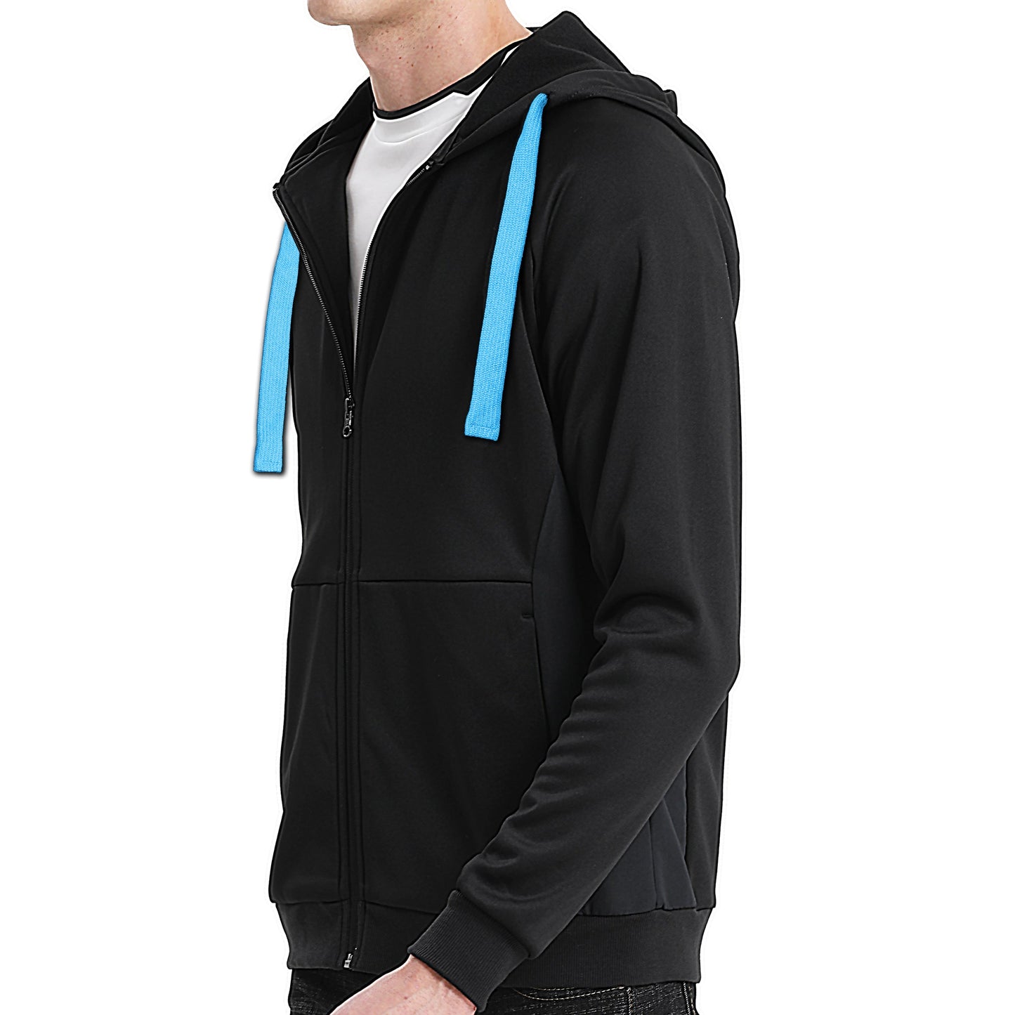 "Assorted zip hoodie in Black Blue model side for custom logo printing – NS Promo sports uniform"
