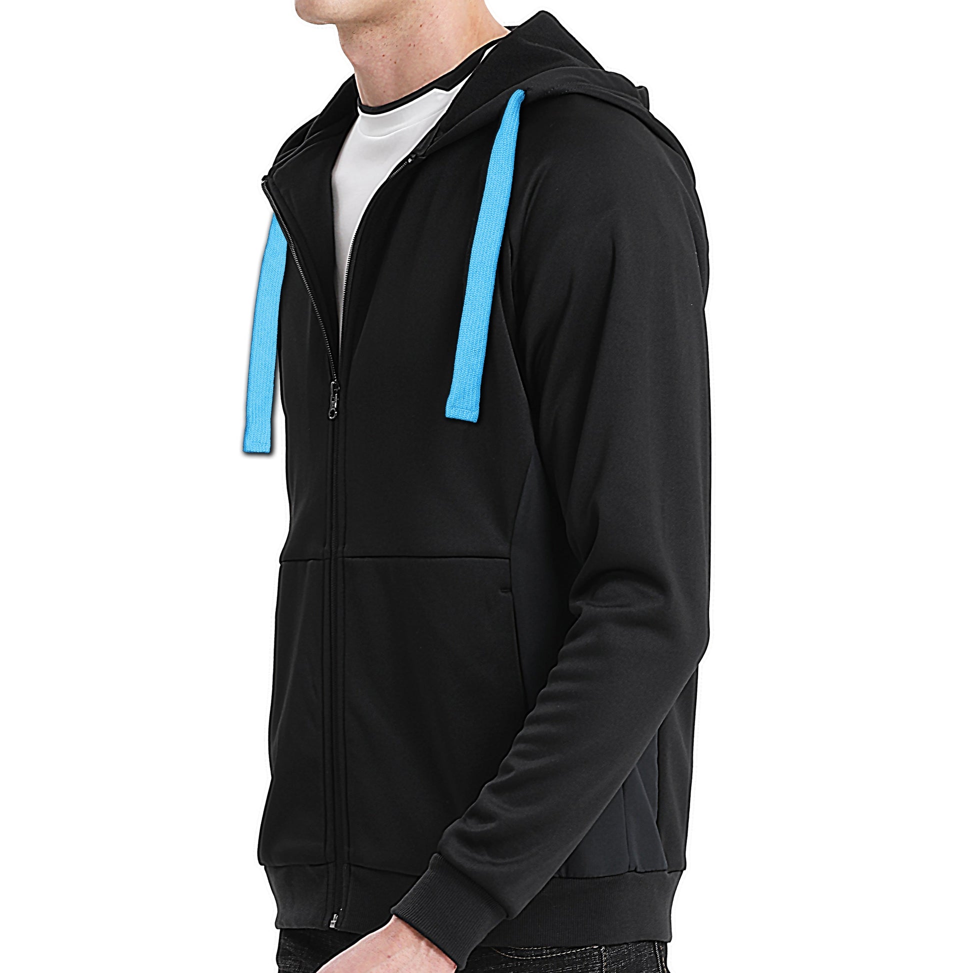"Assorted zip hoodie in Black Blue model side for custom logo printing – NS Promo sports uniform"