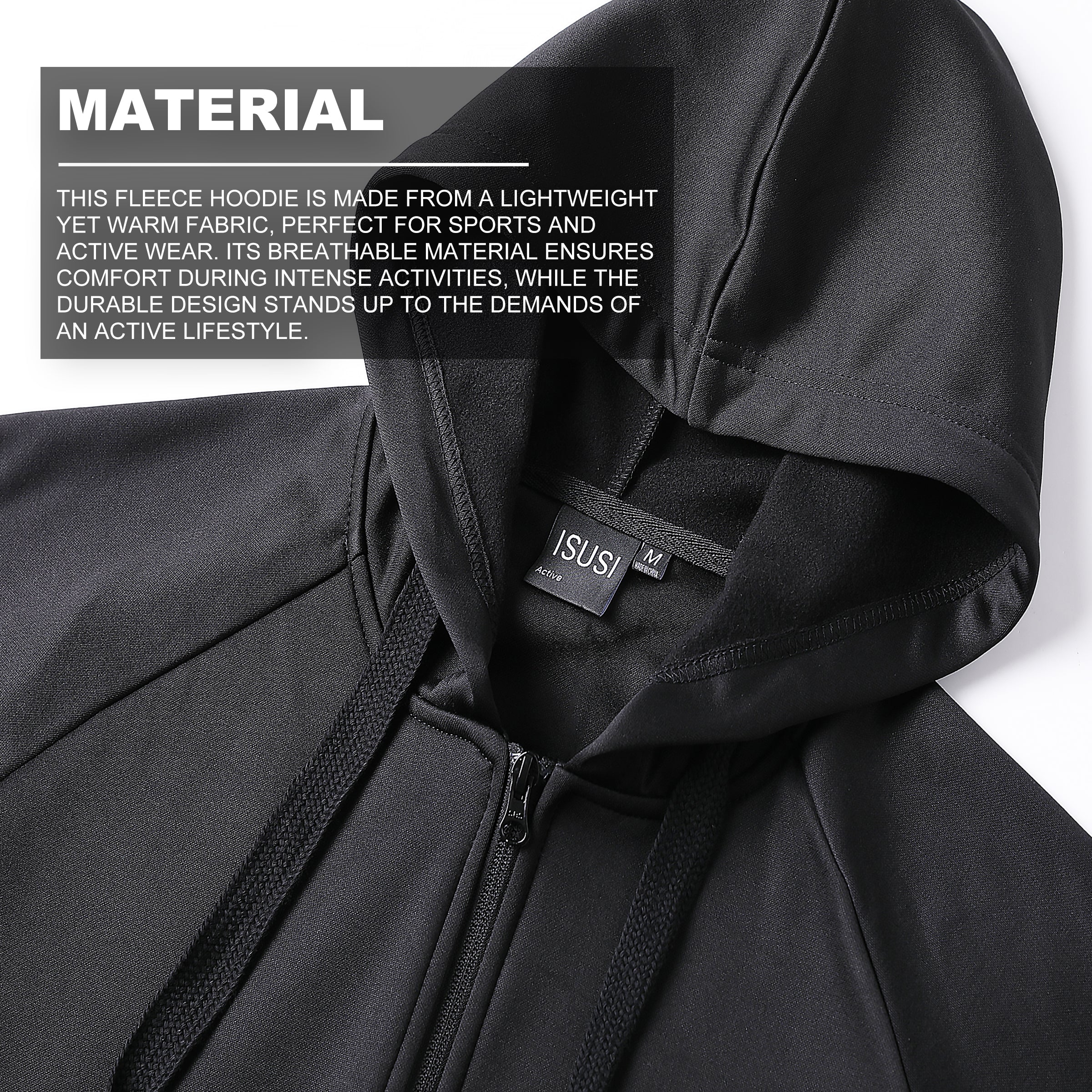 "Assorted zip hoodie fabric close-up with info for custom logo printing – NS Promo sports uniform"