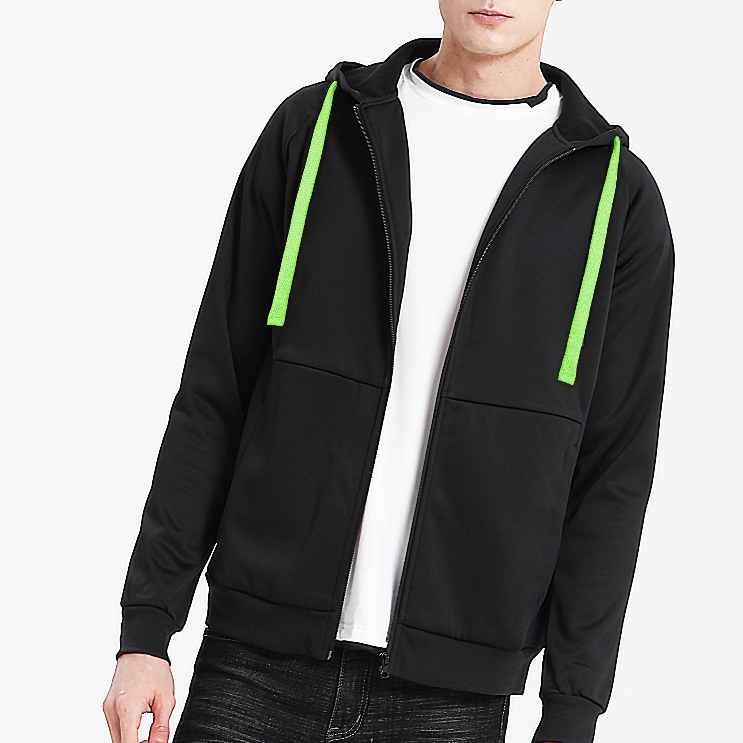 "Assorted zip hoodie in Black green model front for custom logo printing – NS Promo sports uniform"
