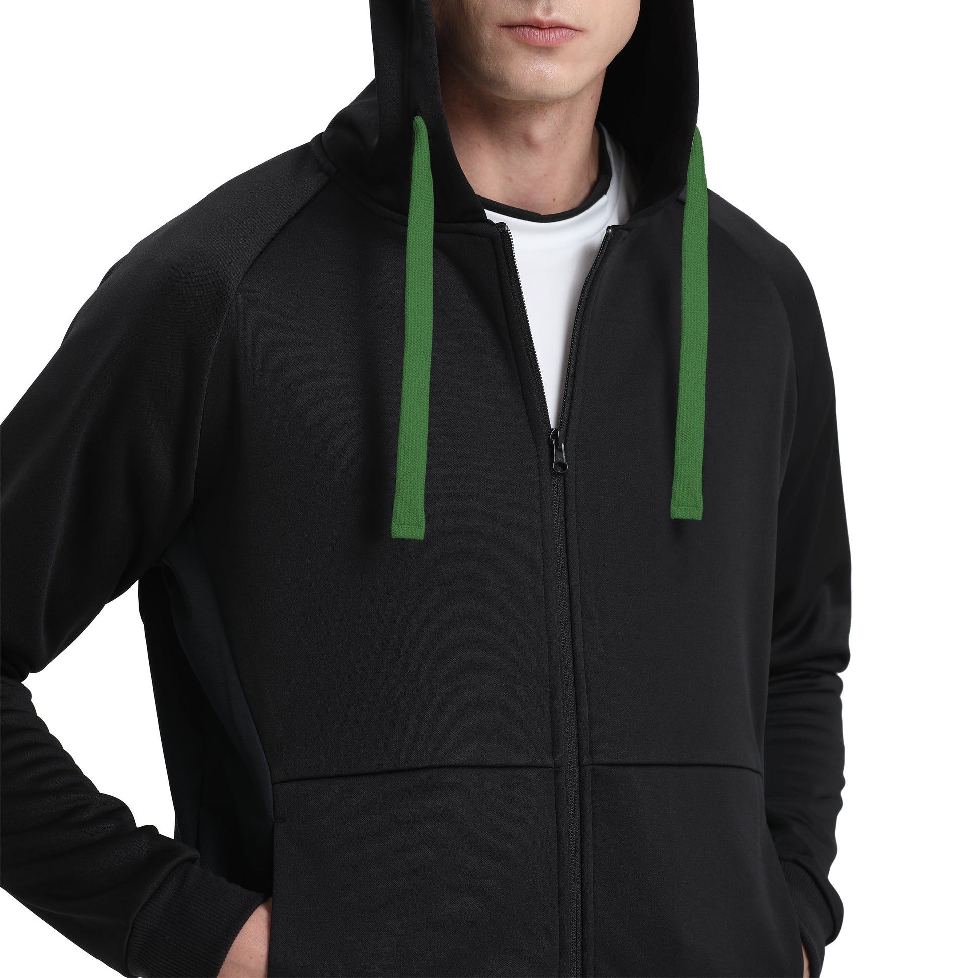 "Assorted zip hoodie in Black green model posed for custom logo printing – NS Promo sports uniform"