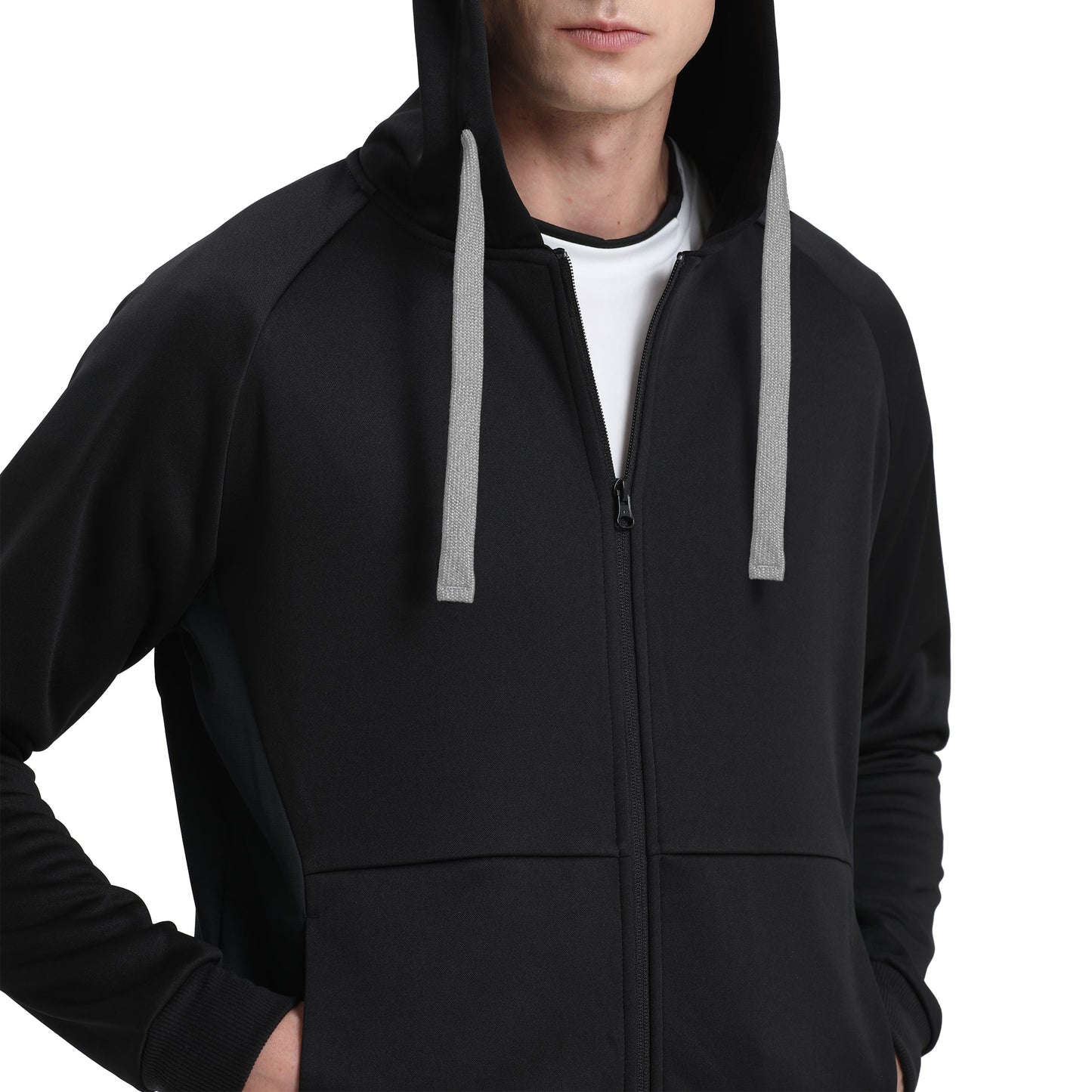 "Assorted zip hoodie in Black grey model posed for custom logo printing – NS Promo sports uniform"