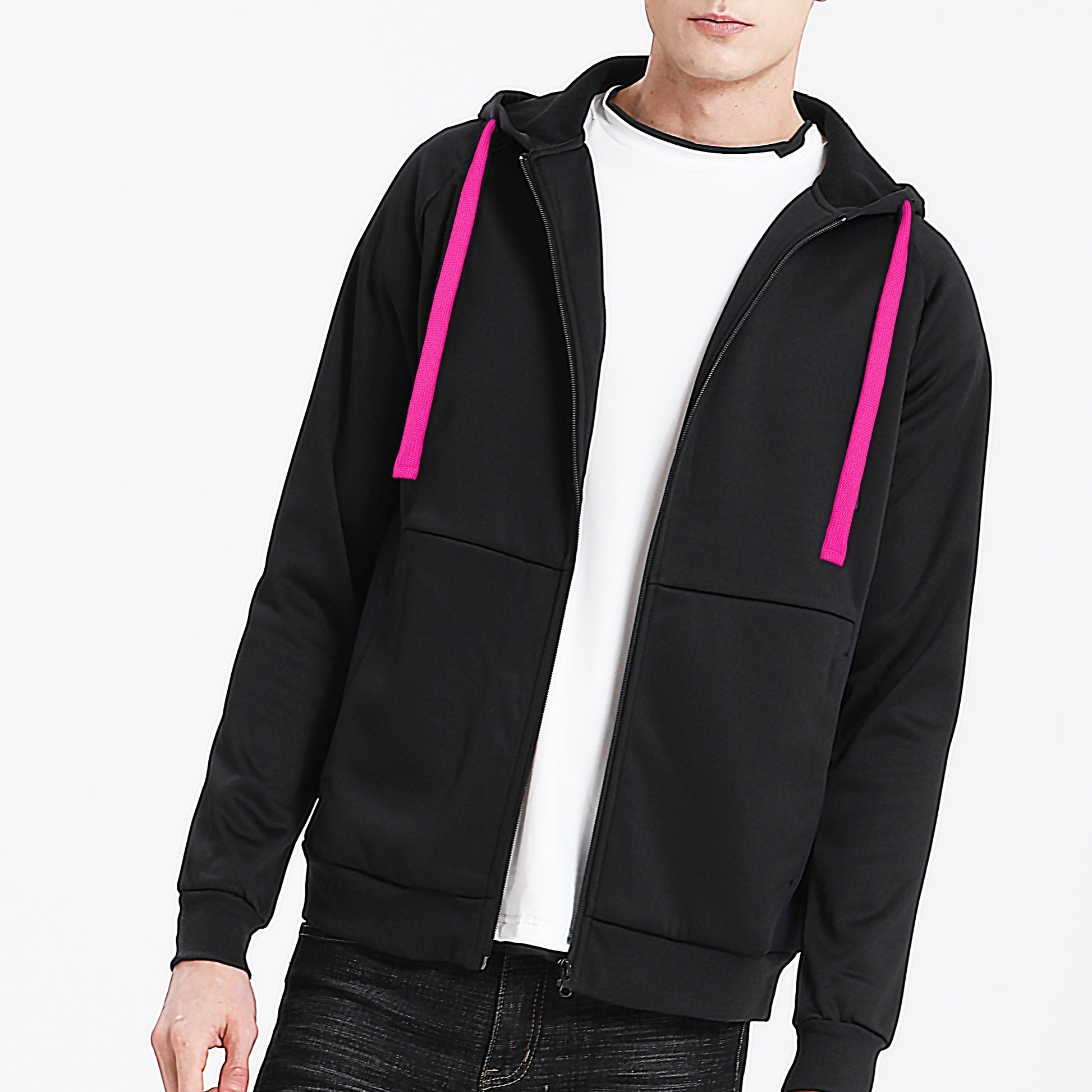 "Assorted zip hoodie in Black pink model front for custom logo printing – NS Promo sports uniform"