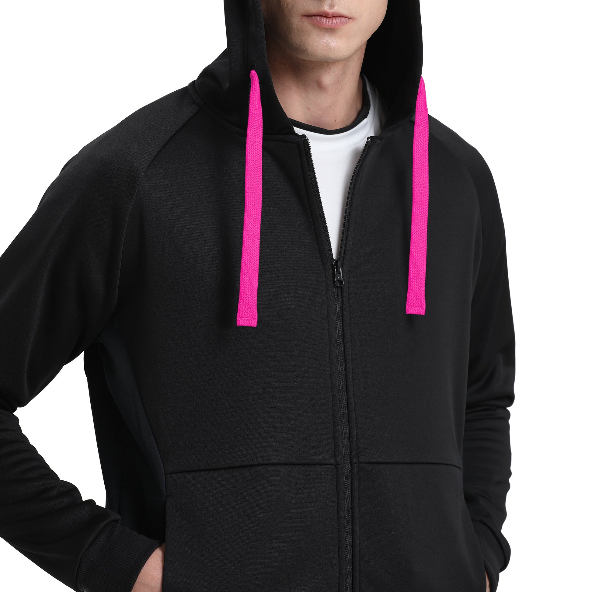 "Assorted zip hoodie in Black pink model posed for custom logo printing – NS Promo sports uniform"