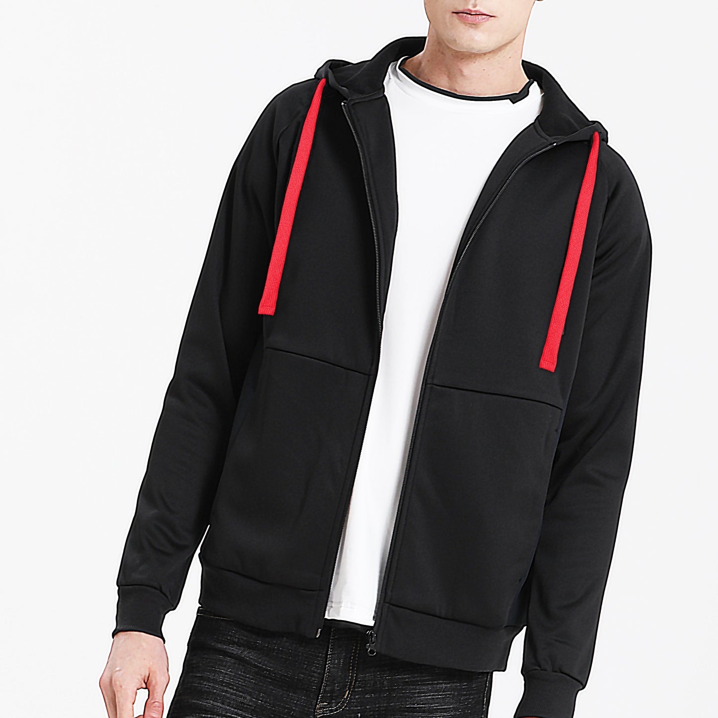 "Assorted zip hoodie in Black red model front for custom logo printing – NS Promo sports uniform"