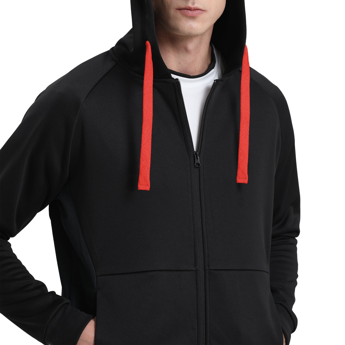"Assorted zip hoodie in Black red model posed for custom logo printing – NS Promo sports uniform"
