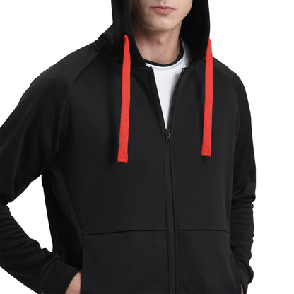 "Assorted zip hoodie in Black red model posed for custom logo printing – NS Promo sports uniform"