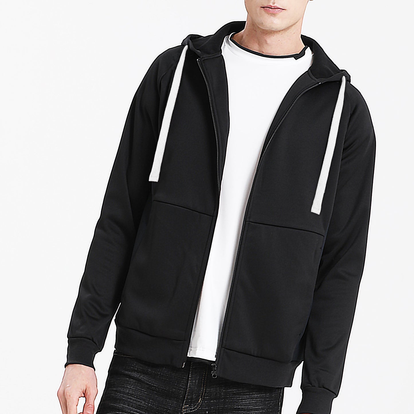 "Assorted zip hoodie in Black white model front for custom logo printing – NS Promo sports uniform"