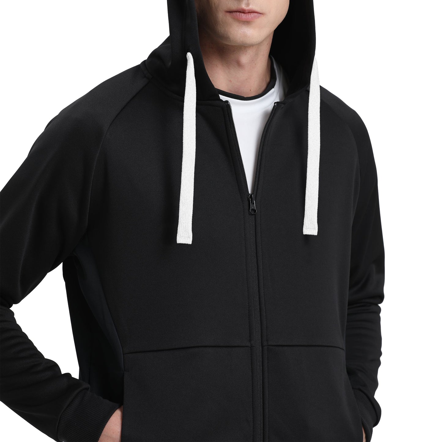 "Assorted zip hoodie in Black white model posed for custom logo printing – NS Promo sports uniform"