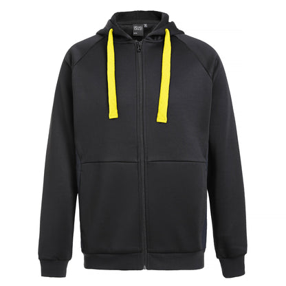 "Assorted zip hoodie in Black yellow front for custom logo printing – NS Promo sports uniform"