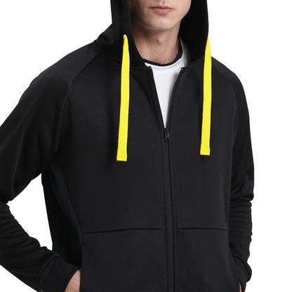 "Assorted zip hoodie in Black yellow model posed for custom logo printing – NS Promo sports uniform"