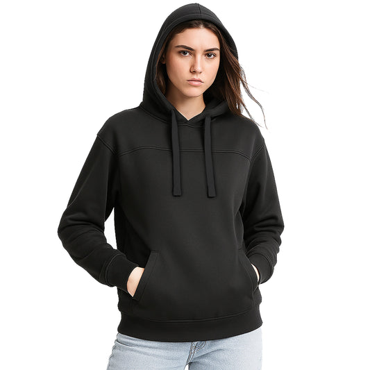 "Assorted hoodie in black model front ready for logo printing – NS Promo club apparel"