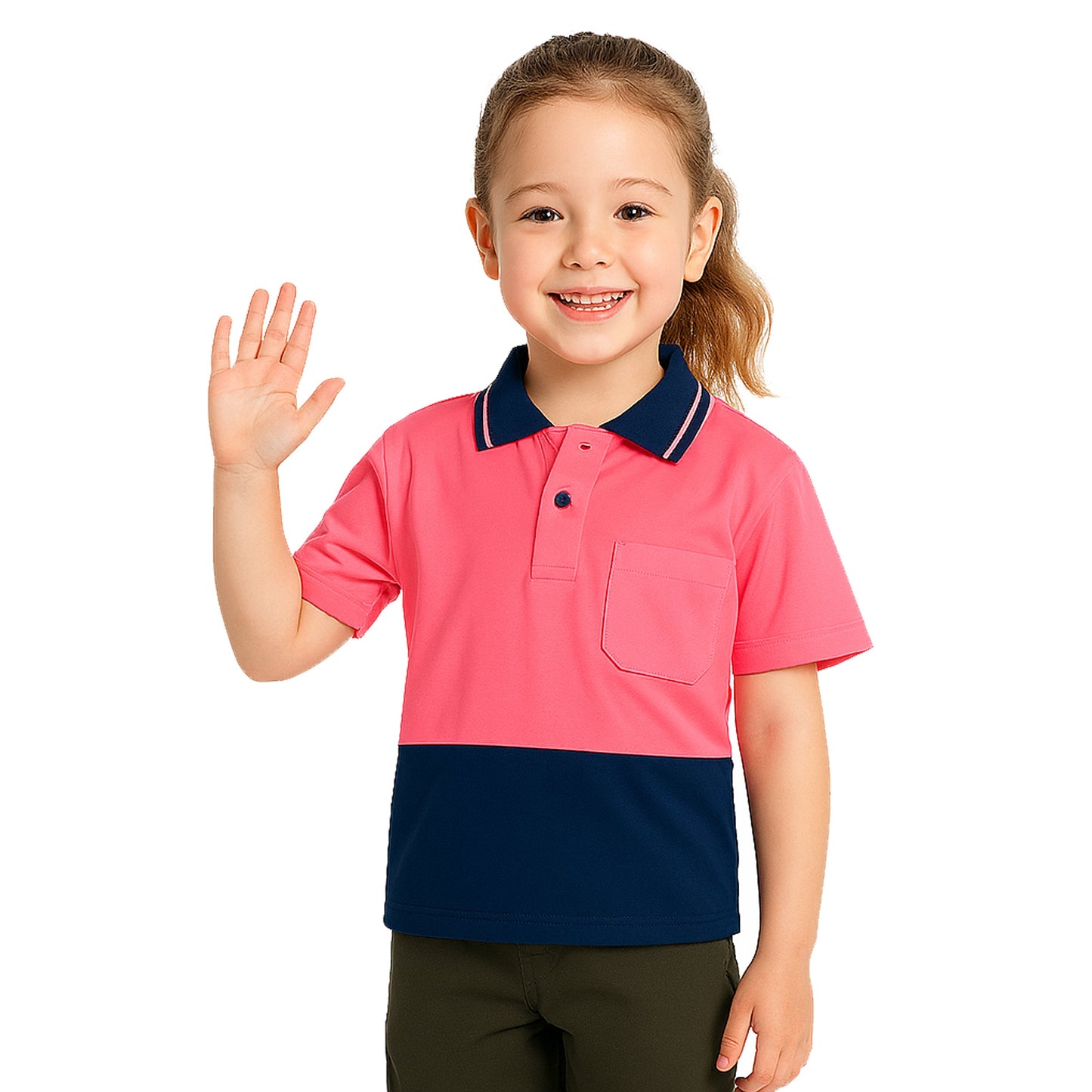 "Custom Kids Hi Vis Short Sleeve Polo – Orange/Navy, Yellow/Navy, Pink/Navy | NS Promo - NS PROMO"