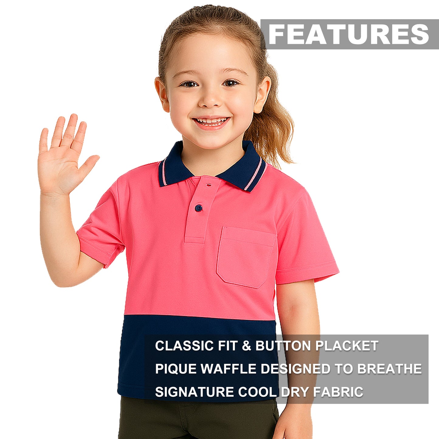 "Custom Kids Hi Vis Short Sleeve Polo – Orange/Navy, Yellow/Navy, Pink/Navy | NS Promo - NS PROMO"