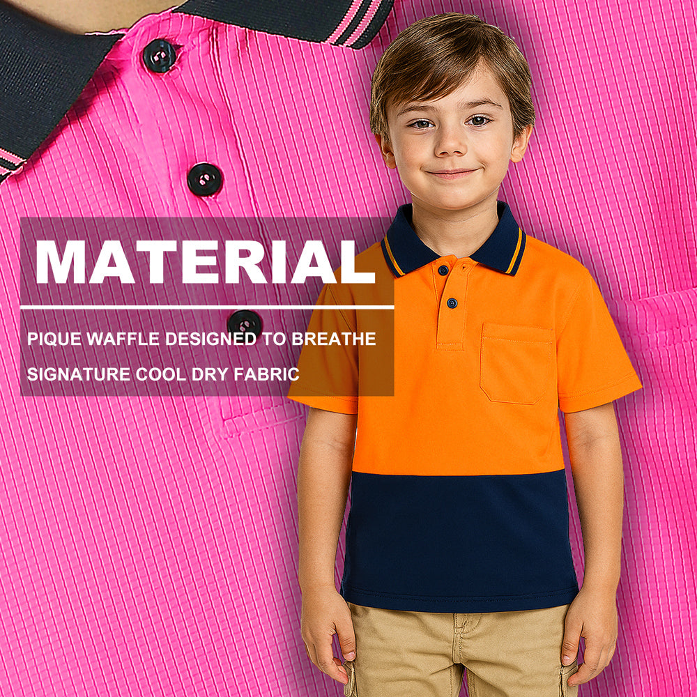 "Custom Kids Hi Vis Short Sleeve Polo – Orange/Navy, Yellow/Navy, Pink/Navy | NS Promo - NS PROMO"