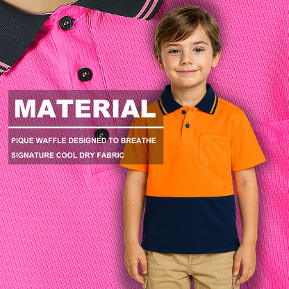 "Custom Kids Hi Vis Short Sleeve Polo – Orange/Navy, Yellow/Navy, Pink/Navy | NS Promo - NS PROMO"