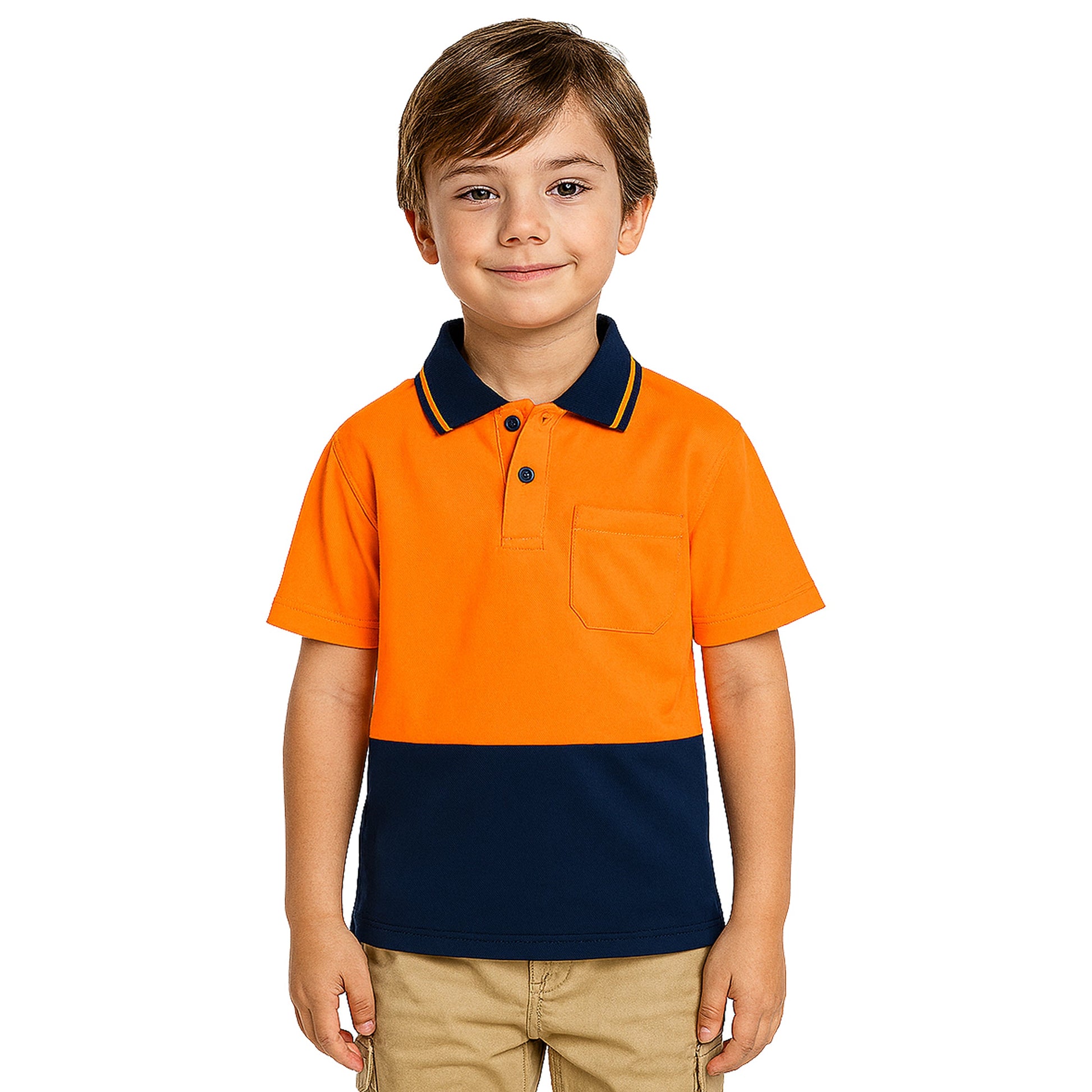 "Custom Kids Hi Vis Short Sleeve Polo – Orange/Navy, Yellow/Navy, Pink/Navy | NS Promo - NS PROMO"