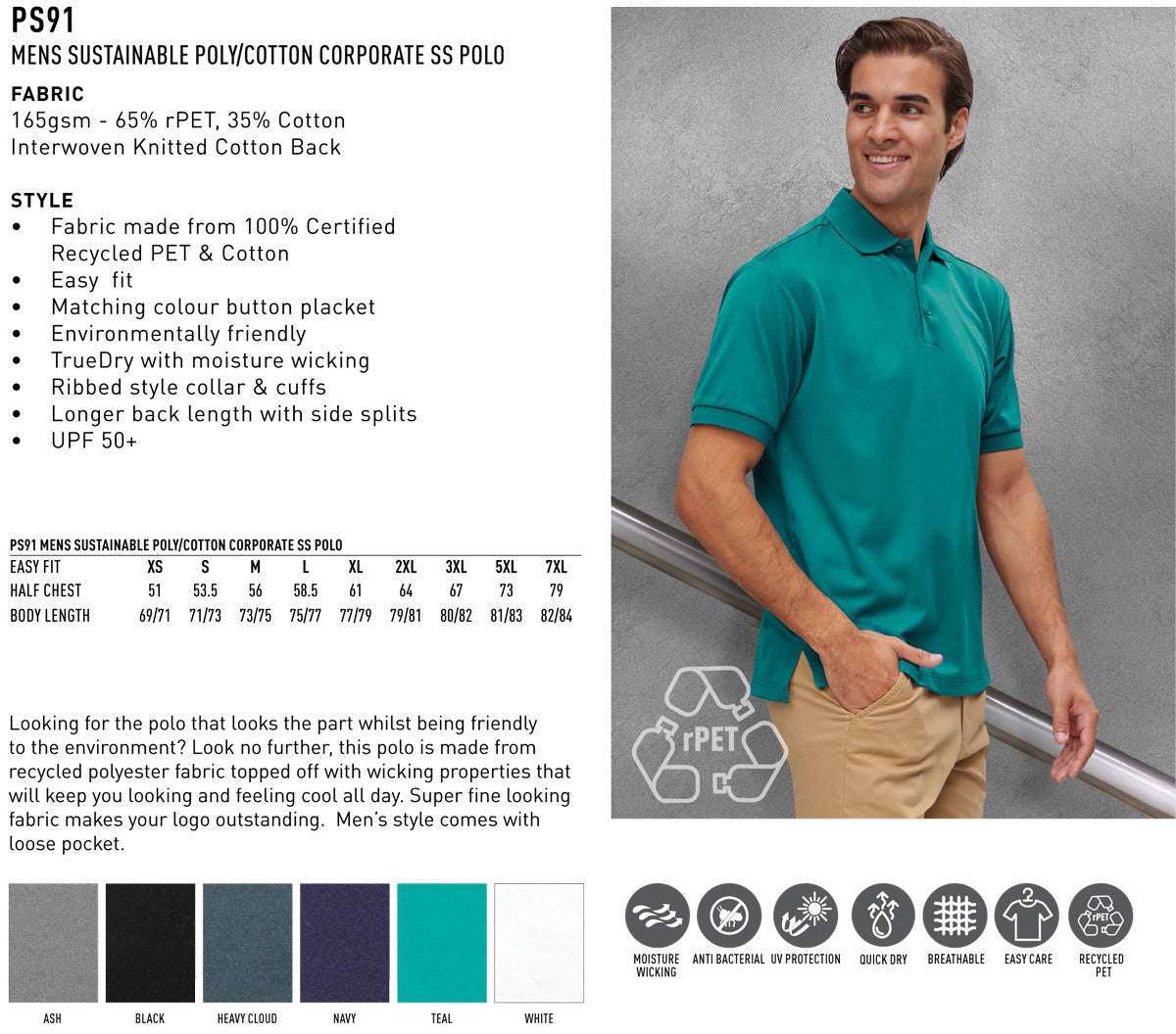 "Mens Cotton Corporate Polo Shirt Short Sleeve Sustainable Poly - NS PROMO"