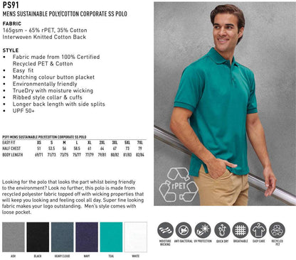 "Mens Cotton Corporate Polo Shirt Short Sleeve Sustainable Poly - NS PROMO"