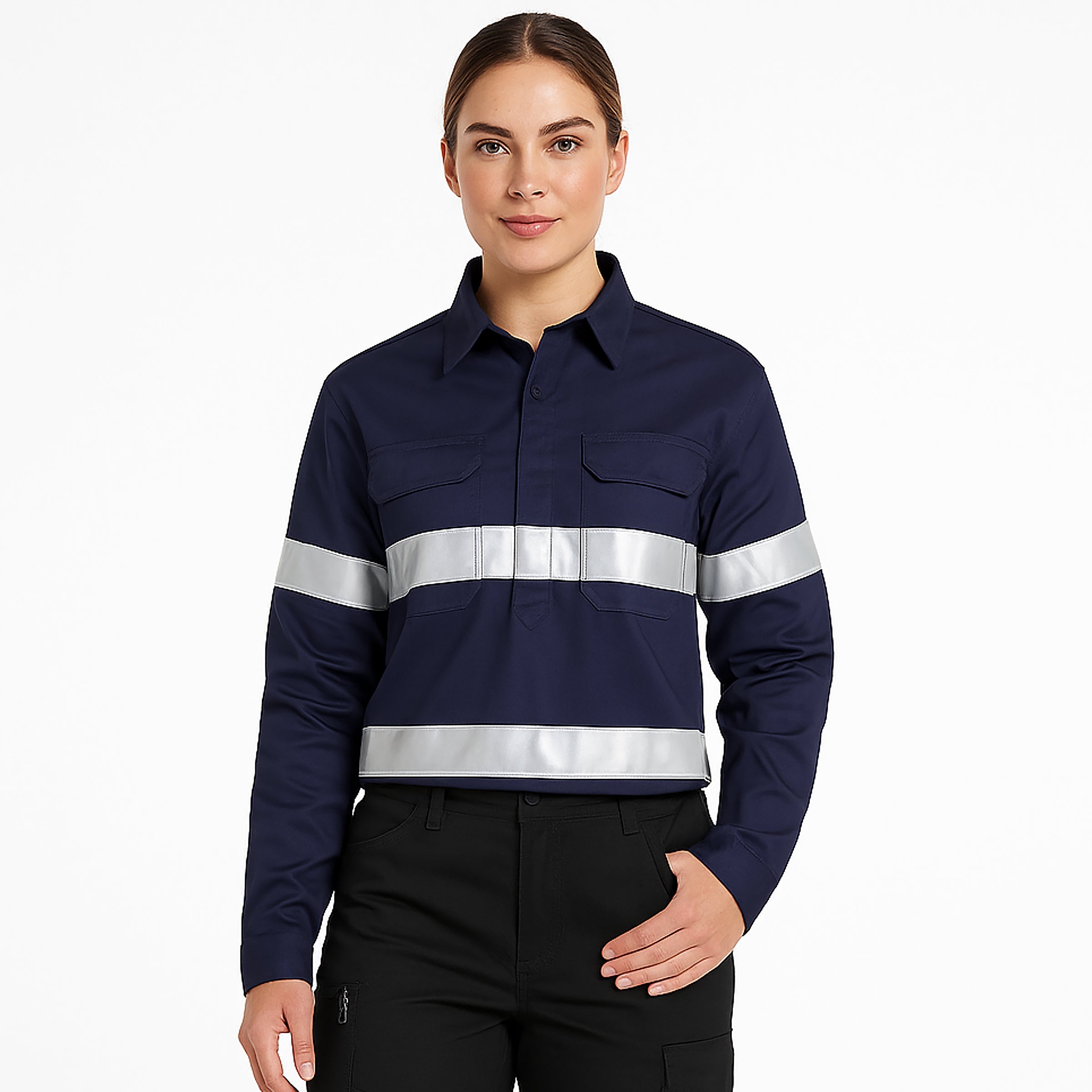 "Custom Womens Hi Vis Closed Front Work Shirt – Add Your Logo | NS Promo - NS PROMO"