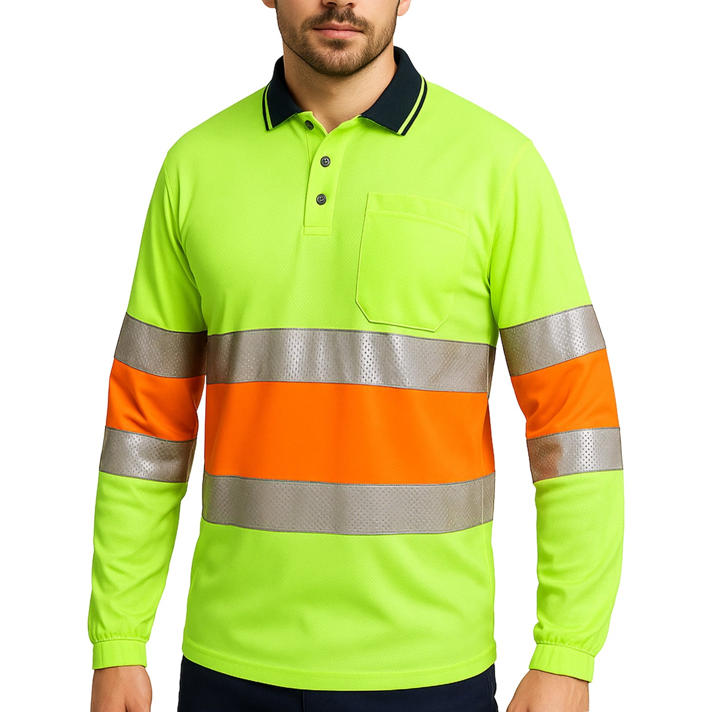 "Custom Hi Vis Long Sleeve Polo – Reflective Bio-Motion, Add Your Logo | NS Promo - NS PROMO"