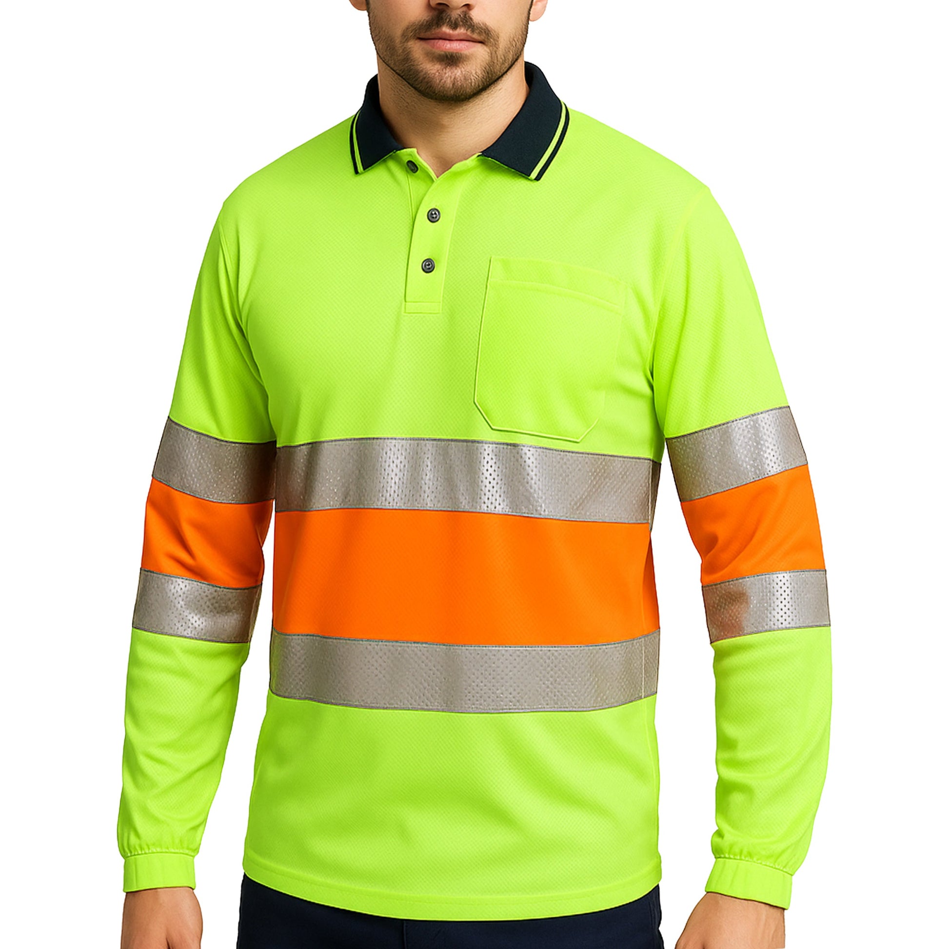 "Custom Hi Vis Long Sleeve Polo – Reflective Bio-Motion, Add Your Logo | NS Promo - NS PROMO"