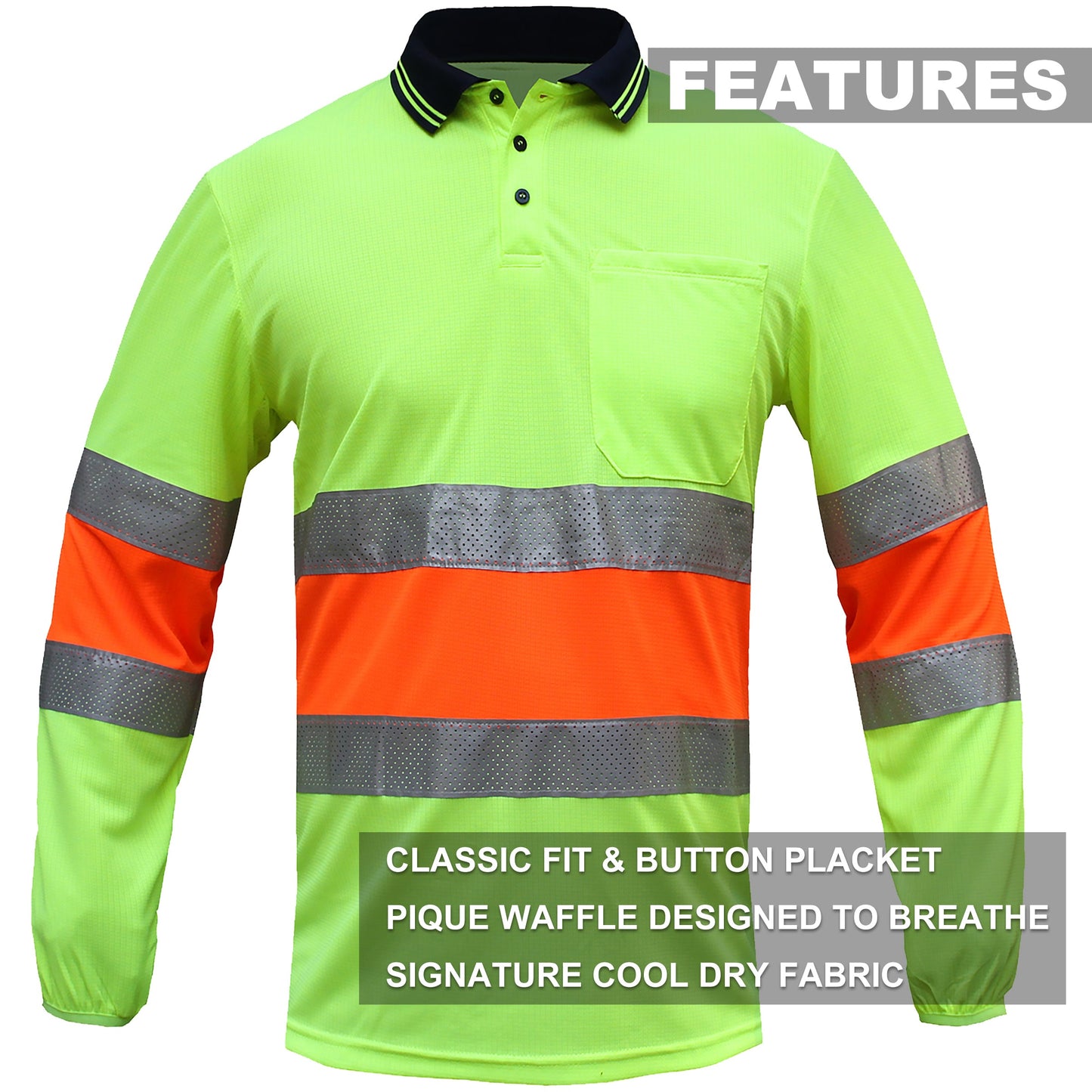 "Custom Hi Vis Long Sleeve Polo – Reflective Bio-Motion, Add Your Logo | NS Promo - NS PROMO"