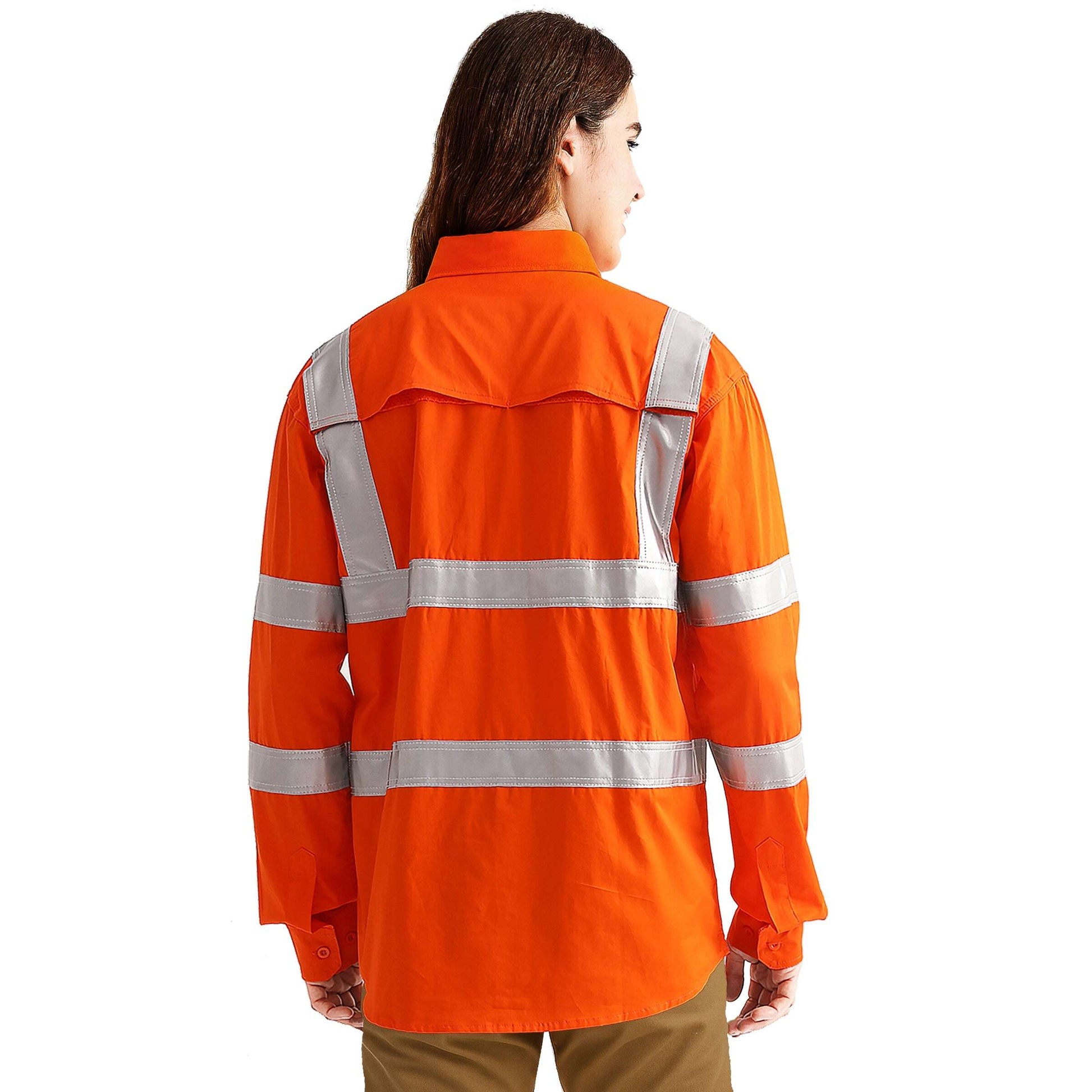 Big Bee Ladies Hi-Vis Work Shirt Orange H Pattern Reflective - NS PROMO