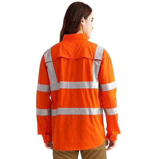 Big Bee Ladies Hi-Vis Work Shirt Orange H Pattern Reflective - NS PROMO