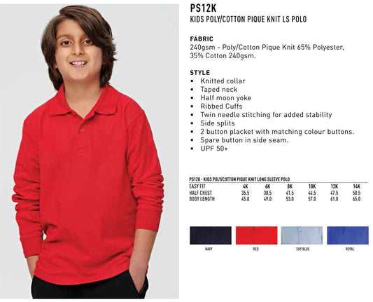Kids Poly Cotton Polo Shirt Long Sleeve Easy Fit - NS PROMO