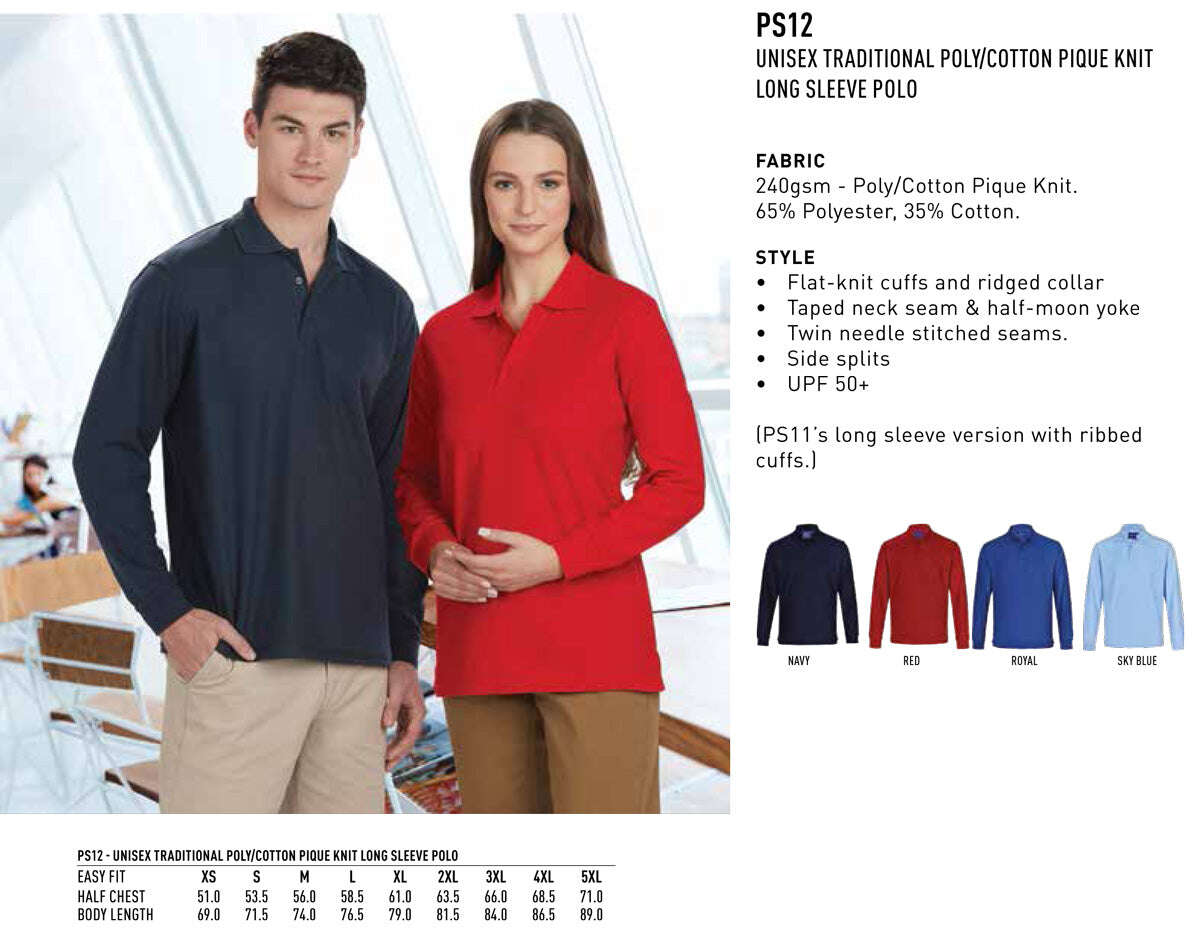 Unisex Poly Cotton Polo Shirt Long Sleeve Pique Knit - NS PROMO