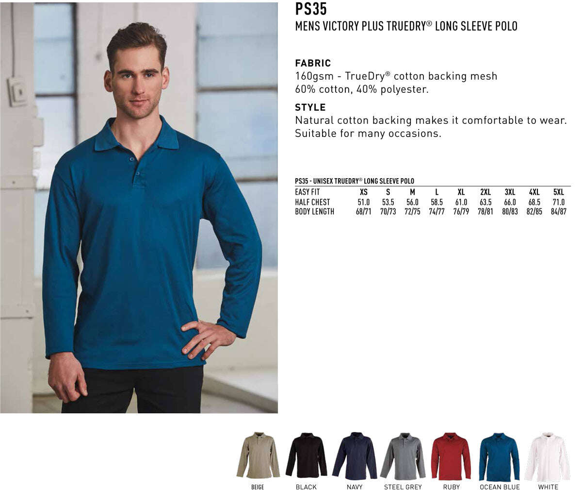 Mens TrueDry Polo Shirts Long Sleeve Breathable Easy Care Workwear Top - NS PROMO