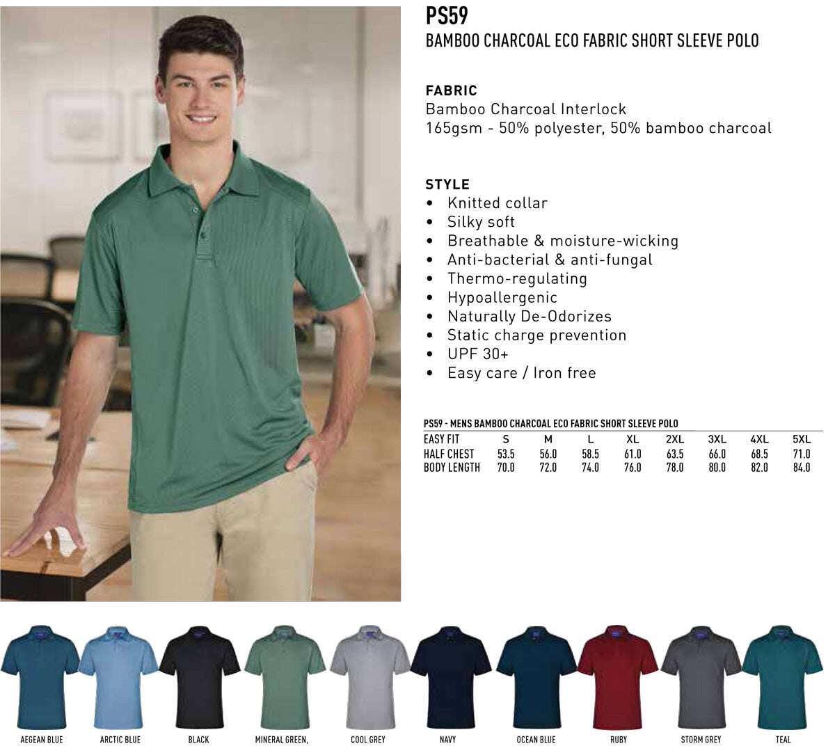Mens Bamboo Polo Shirt Short Sleeve Charcoal Eco - NS PROMO
