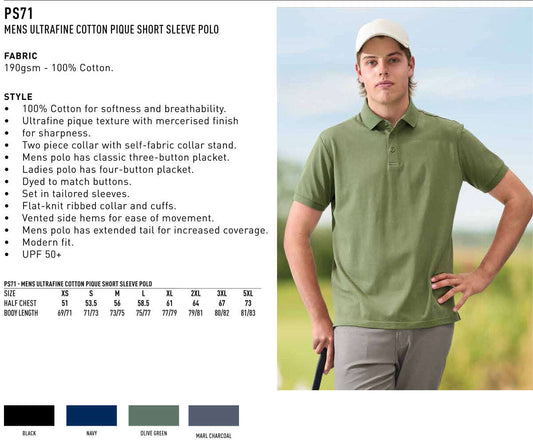 Mens Ultrafine Cotton Pique Polo Shirt Classic Short Sleeve Breathable Tailored Fit - NS PROMO