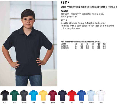 Kids CoolDry Polo Shirt Short Sleeve Solid Colour - NS PROMO