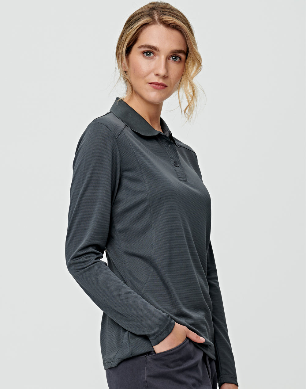 Ladies Bamboo Polo Long Sleeve Charcoal Corporate - NS PROMO