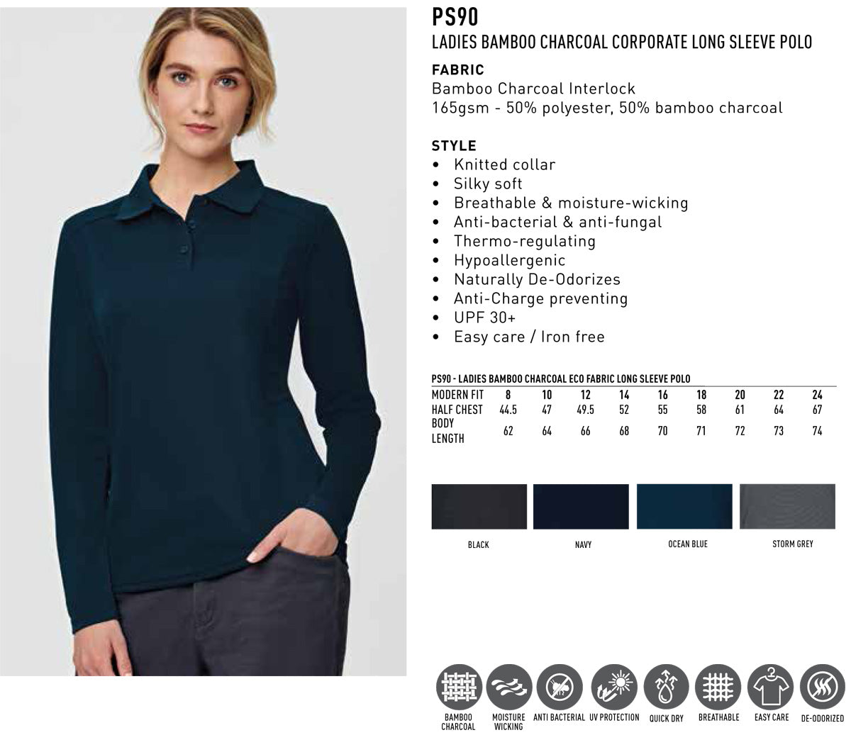 Ladies Bamboo Polo Long Sleeve Charcoal Corporate - NS PROMO