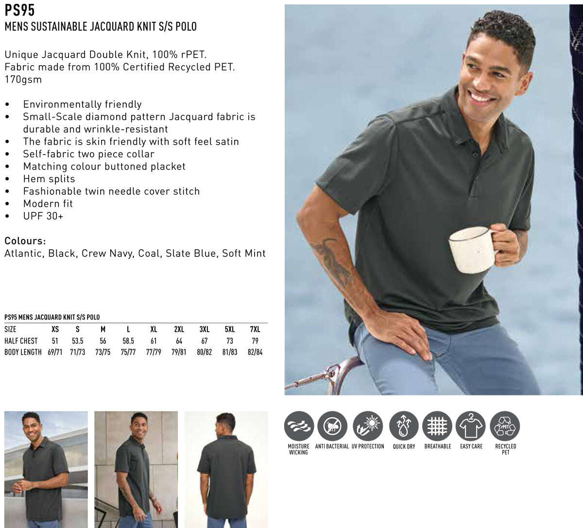 Mens Recycled PET Polo Shirt Short Sleeve Sustainable Jacquard Knit - NS PROMO