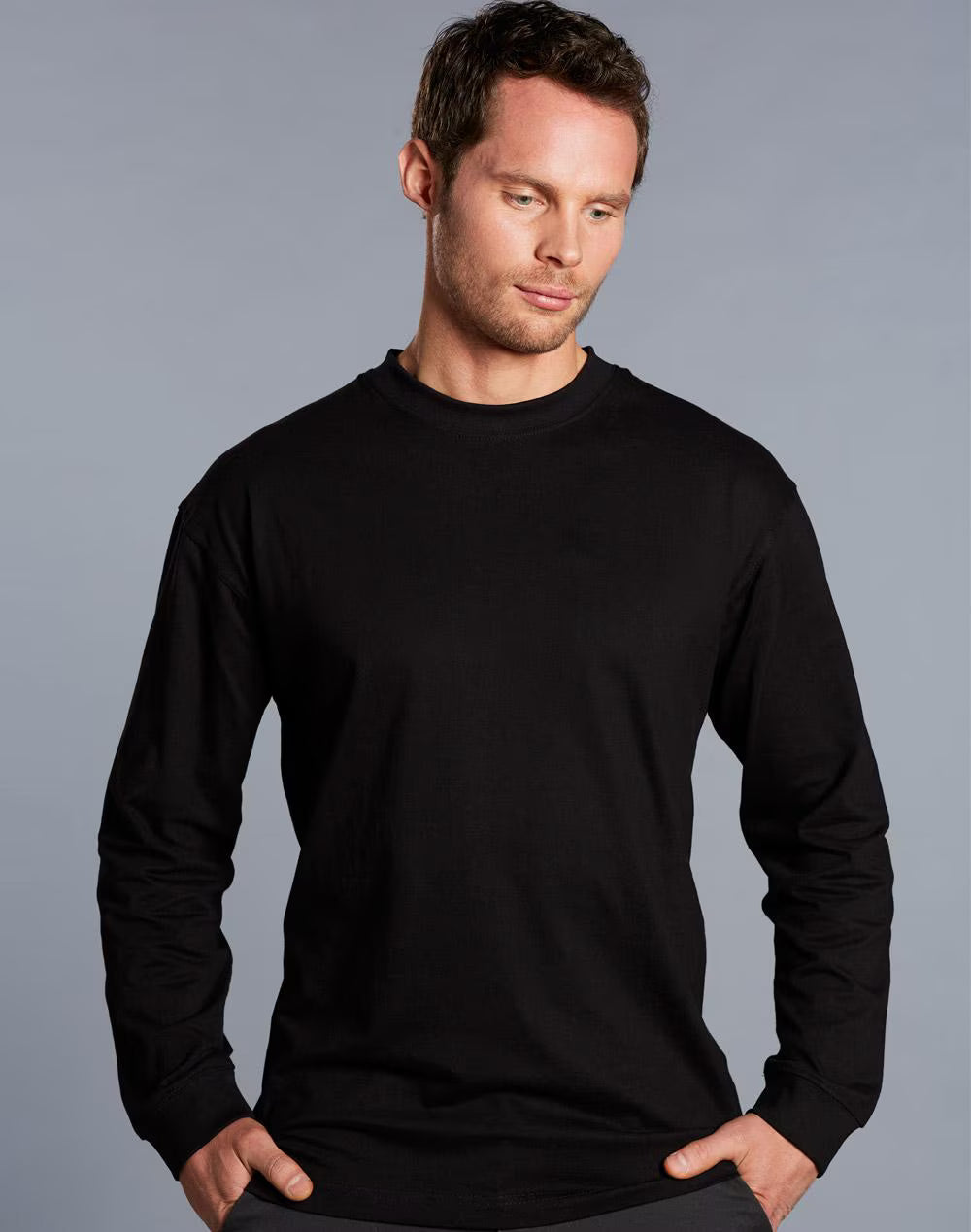 Mens 100% Cotton Tee Long Sleeve Crew Neck - NS PROMO