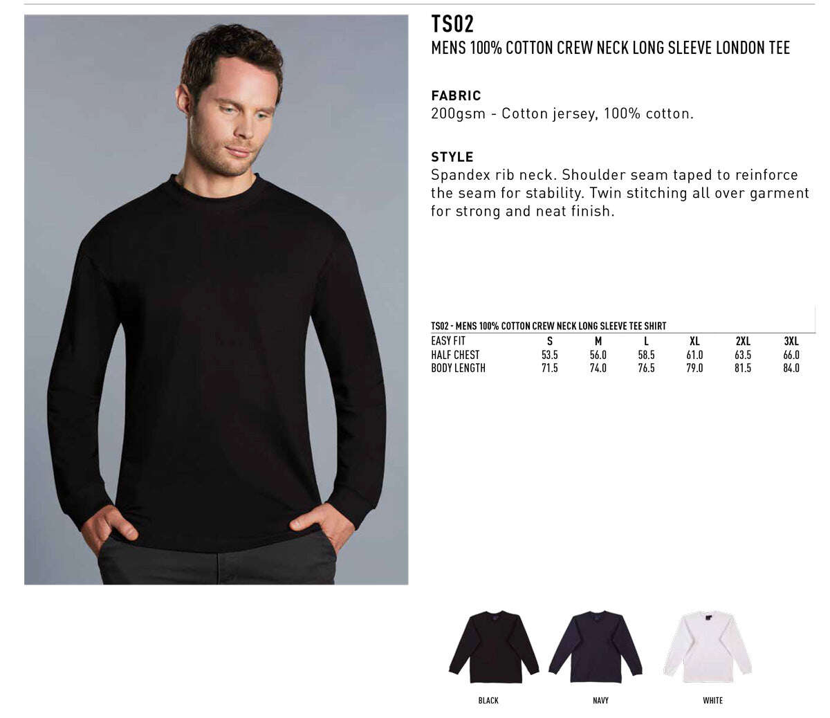 Mens 100% Cotton Tee Long Sleeve Crew Neck - NS PROMO